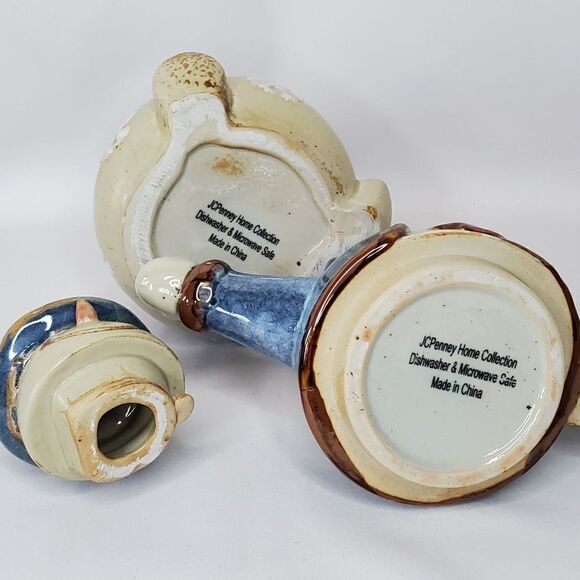 Stoneware Snowman Teapot Male Top Hat Blue Brown Snowflakes Christmas Winter - Picture 6 of 6